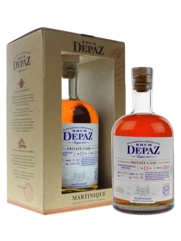 A La Civette Vins et spiritueux, Rhum Depaz rhum vieux agricole private cask millésime 2010 11 ans, boîte face et bouteille face, spiritueux de prestige.