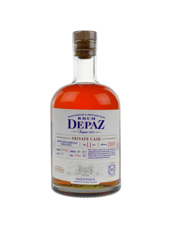 A La Civette Vins et spiritueux, Rhum Depaz rhum vieux agricole private cask millésime 2010 11 ans, bouteille face, spiritueux de prestige.