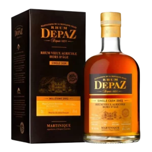 A La Civette Vins et spiritueux, Rhum Depaz rhum vieux agricole single cask millésime 2003, boîte face et bouteille face, spiritueux de prestige.