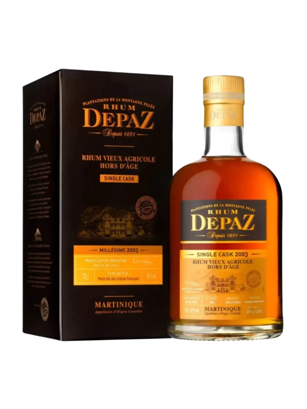 A La Civette Vins et spiritueux, Rhum Depaz rhum vieux agricole single cask millésime 2003, boîte face et bouteille face, spiritueux de prestige.