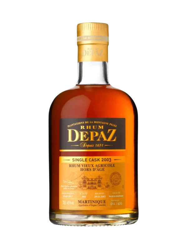 A La Civette Vins et spiritueux, Rhum Depaz rhum vieux agricole single cask millésime 2003, bouteille face, spiritueux de prestige.