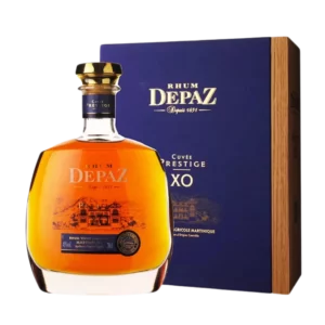 A La Civette Vins et spiritueux, Rhum Depaz XO Cuvée Prestige, boîte face et bouteille face, spiritueux haut de gamme.