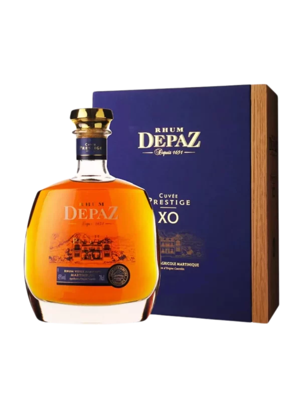 A La Civette Vins et spiritueux, Rhum Depaz XO Cuvée Prestige, boîte face et bouteille face, spiritueux haut de gamme.