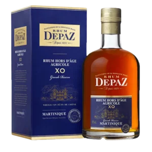 A La Civette Vins et spiritueux, Rhum Depaz XO Grande Réserve, boîte face et bouteille face, spiritueux haut de gamme.
