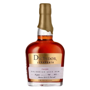 Vue face de la bouteille de rhum Dictador Jerarquia pardo millesime 1985 35 ans, spiritueux premium disponible chez A La Civette.