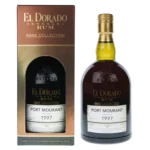 Vue face de la boîte et de la bouteille du rhum El Dorado Port Mourant millesime 1997, spiritueux premium disponible chez A La Civette.