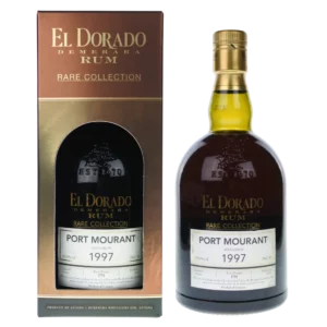 Vue face de la boîte et de la bouteille du rhum El Dorado Port Mourant millesime 1997, spiritueux premium disponible chez A La Civette.