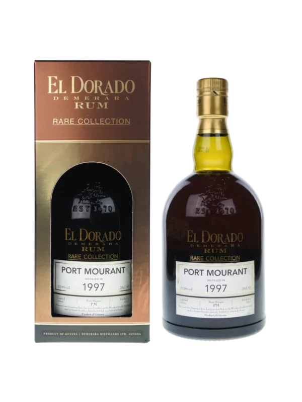 Vue face de la boîte et de la bouteille du rhum El Dorado Port Mourant millesime 1997, spiritueux premium disponible chez A La Civette.