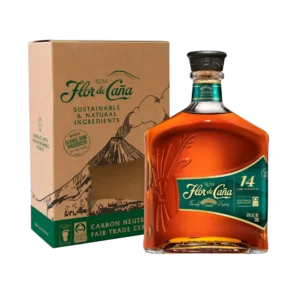 Vue face de la boîte et de la bouteille du rhum Flor de Caña 14 ans, spiritueux haut de gamme proposé par A La Civette.