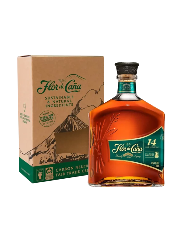 Vue face de la boîte et de la bouteille du rhum Flor de Caña 14 ans, spiritueux haut de gamme proposé par A La Civette.
