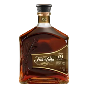 Vue face de la bouteille du rhum Flor de Caña Centenario 18 ans, grand spiritueux premium disponible chez A La Civette.