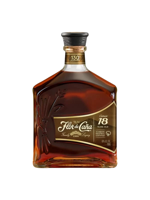Vue face de la bouteille du rhum Flor de Caña Centenario 18 ans, grand spiritueux premium disponible chez A La Civette.