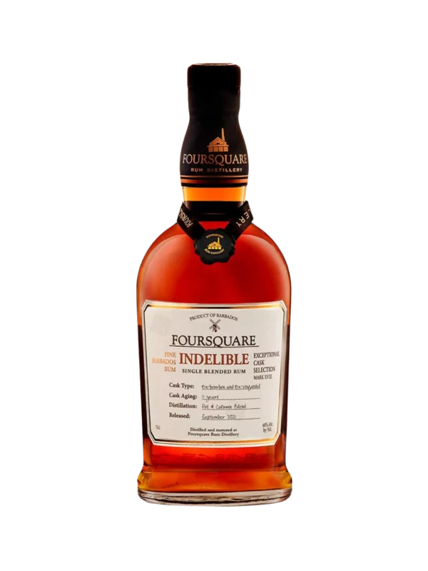 Vue face de la bouteille du rhum Foursquare Indelible 11 ans, spiritueux premium sélectionné par A La Civette.