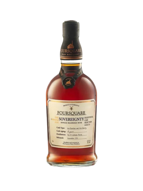 Vue face de la bouteille du rhum Foursquare Sovereignty 14 ans, spiritueux haut de gamme proposé par A La Civette.