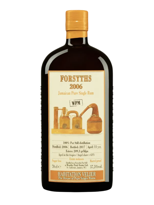 Vue face de la bouteille du rhum Habitation Velier Forsyths millesime 2006, spiritueux haut de gamme proposé par A La Civette.
