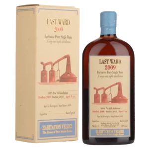 Vue face de la boîte et de la bouteille du rhum Habitation Velier Last Ward millesime 2009, grand spiritueux premium disponible chez A La Civette.