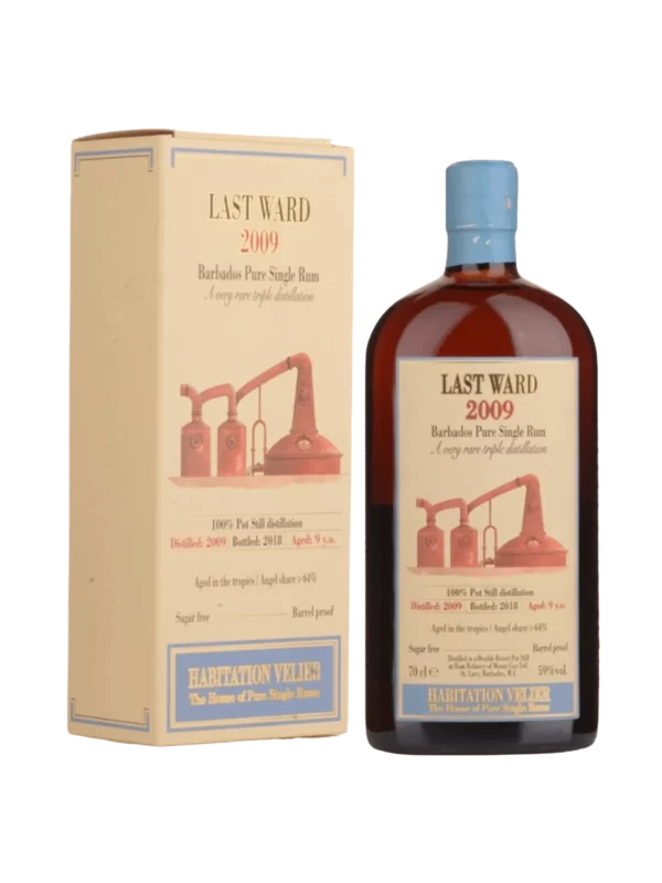 Vue face de la boîte et de la bouteille du rhum Habitation Velier Last Ward millesime 2009, grand spiritueux premium disponible chez A La Civette.