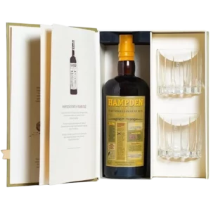 A La Civette vins et spiritueux rhum Hampden 8 ans coffret 2 verres boîte bouteille face