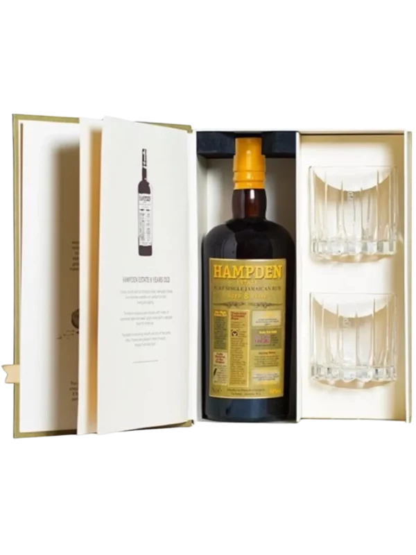 A La Civette vins et spiritueux rhum Hampden 8 ans coffret 2 verres boîte bouteille face