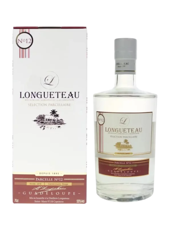 Vue face de la boîte et de la bouteille du rhum Longueteau rhum blanc agricole sélection parcellaire parcelle n12 millesime 2018, grand spiritueux premium proposé par A La Civette.