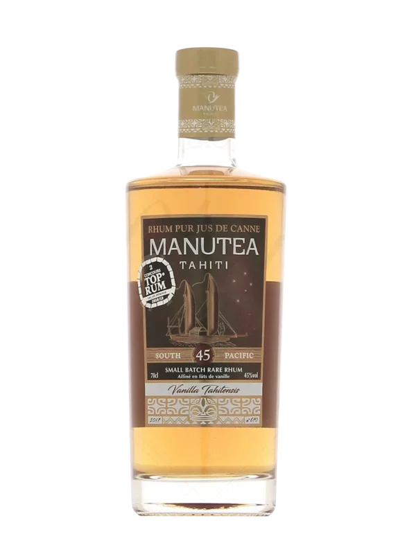 Vue face de la bouteille de rhum Manutea Vanilla tahitensis, spiritueux premium proposé par A La Civette.