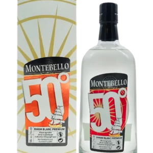 Vue face de la boîte et de la bouteille du rhum Montebello rhum blanc premium Ovation, spiritueux haut de gamme proposé par A La Civette.
