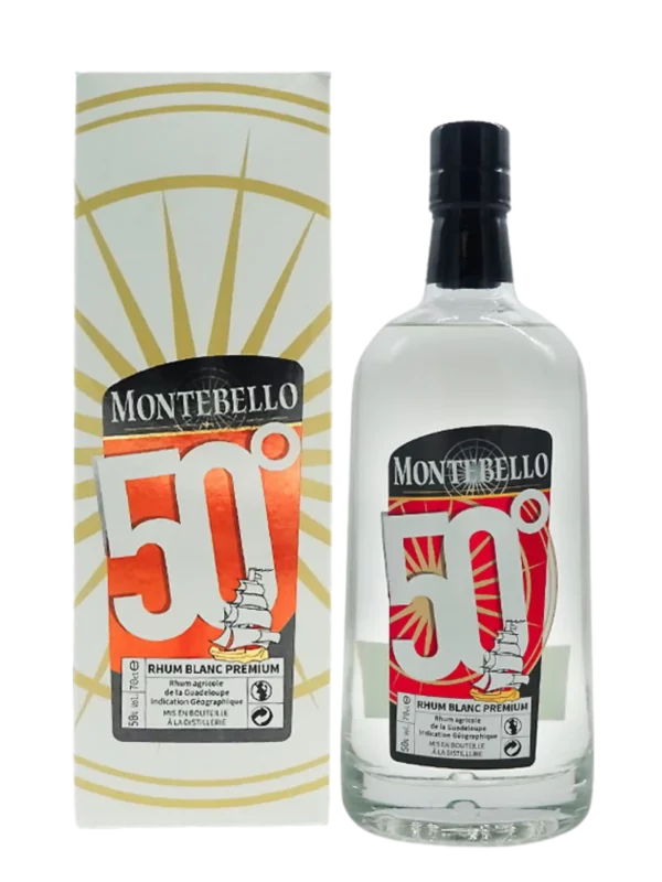 Vue face de la boîte et de la bouteille du rhum Montebello rhum blanc premium Ovation, spiritueux haut de gamme proposé par A La Civette.