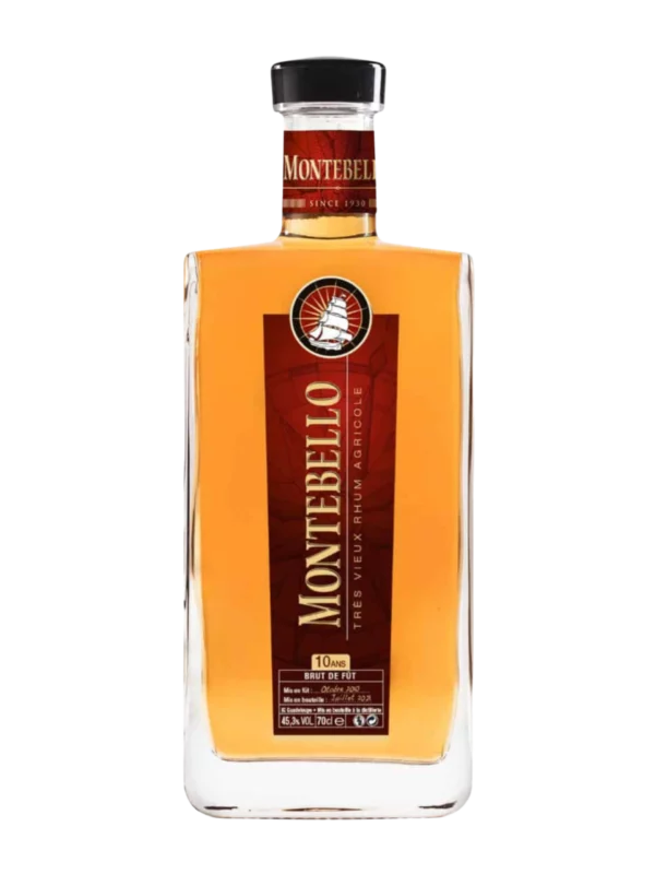 Vue face de la bouteille du rhum Montebello très vieux rhum agricole brut de fût millesime 2010 10 ans, spiritueux d’exception proposé par A La Civette.