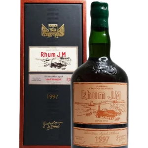A La Civette Vins et spiritueux, Rhum Rhum J.M Millésime 1997 15 Ans, boîte face et bouteille face, spiritueux de prestige.