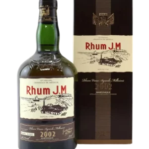 A La Civette Vins et spiritueux, Rhum Rhum J.M Millésime 2002 10 Ans, boîte face et bouteille face, spiritueux de prestige.