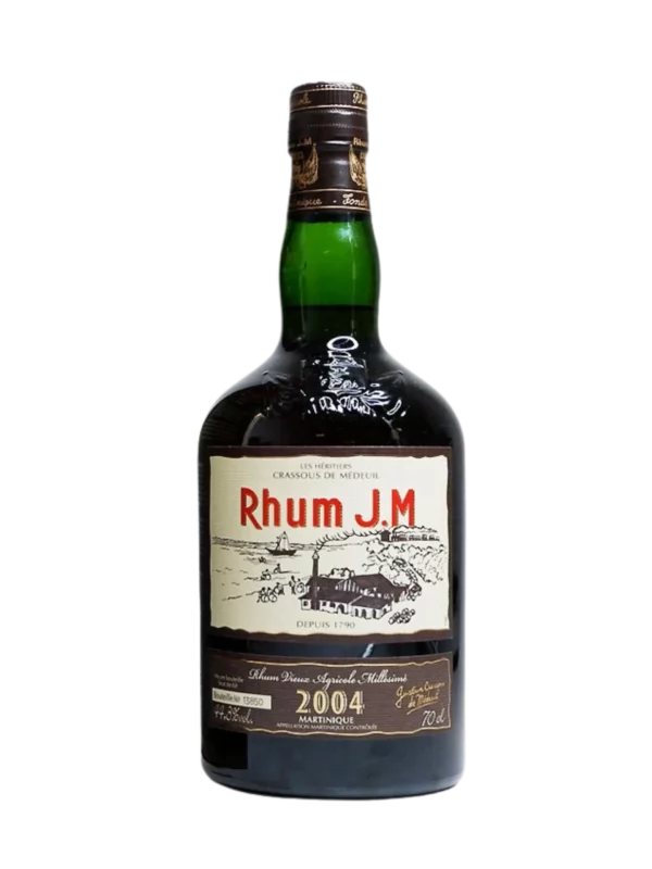 A La Civette Vins et spiritueux, Rhum Rhum J.M Millésime 2004 10 Ans, bouteille face, spiritueux de prestige.