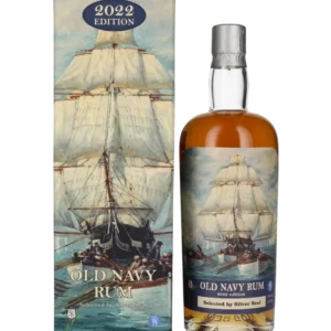 Vue face de la boîte et de la bouteille du rhum Silver Seal Old Navy Rum édition 2022, spiritueux haut de gamme proposé par A La Civette.