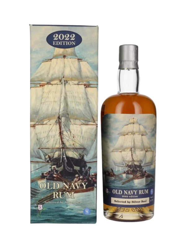 Vue face de la boîte et de la bouteille du rhum Silver Seal Old Navy Rum édition 2022, spiritueux haut de gamme proposé par A La Civette.