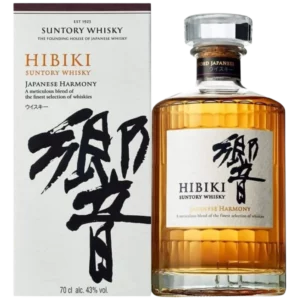 Vue face de la boîte et de la bouteille du whisky Hibiki Suntory Whisky, spiritueux premium proposé par A La Civette.