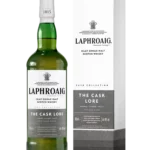 Vue face de la boîte et de la bouteille du whisky Laphroaig The Cask Lore, spiritueux premium disponible chez A La Civette.