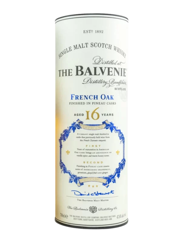 A La Civette Vins et spiritueux, whisky The Balvenie French Oak 16 ans, boîte face, spiritueux de prestige.