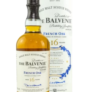 A La Civette Vins et spiritueux, whisky The Balvenie French Oak 16 ans, boîte face et bouteille face, spiritueux de prestige.