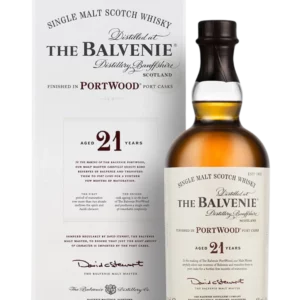 A La Civette Vins et spiritueux, whisky The Balvenie Portwood 21 ans, boîte face et bouteille face, spiritueux de prestige.
