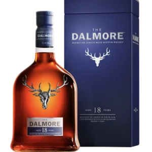 Vue face de la boîte et de la bouteille du whisky The Dalmore 18 ans, spiritueux haut de gamme proposé par A La Civette.