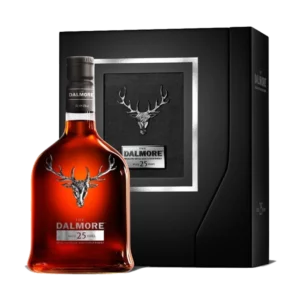Vue face de la boîte et de la bouteille du whisky The Dalmore 25 ans, grand spiritueux de luxe proposé par A La Civette.