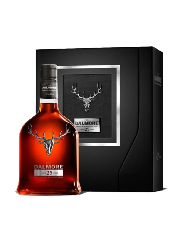 Vue face de la boîte et de la bouteille du whisky The Dalmore 25 ans, grand spiritueux de luxe proposé par A La Civette.