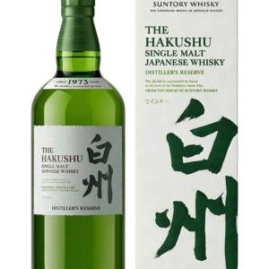 Vue face de la boîte et de la bouteille du whisky The Hakushu Distiller’s Reserve Single Malt, spiritueux haut de gamme proposé par A La Civette.