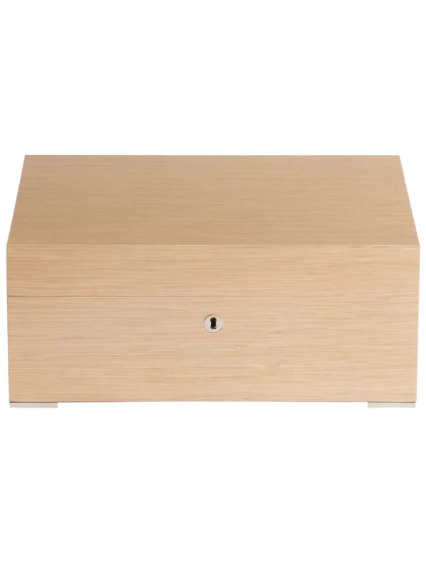 A La Civette Accessoires à cigares Cave à cigares Victor Alpi oak blanc cassé 75 cigares vue de face fermée avec finition effet chêne clair.