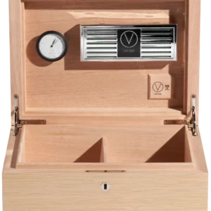 A La Civette Accessoires à cigares Cave à cigares Victor Alpi oak blanc cassé 75 cigares ouverte avec hygromètre, humidificateur et intérieur en bois de cèdre.