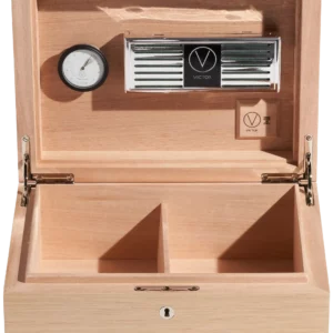A La Civette Accessoires à cigares Cave à cigares Victor Alpi oak blanc cassé 75 cigares ouverte inclinée avec hygromètre, humidificateur et intérieur en bois de cèdre.
