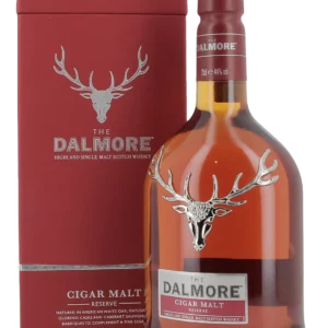 Whisky The Dalmore Cigar Malt Reserve avec boîte et bouteille de face, sélection vins et spiritueux A La Civette.