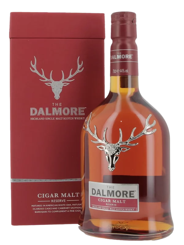 Whisky The Dalmore Cigar Malt Reserve avec boîte et bouteille de face, sélection vins et spiritueux A La Civette.
