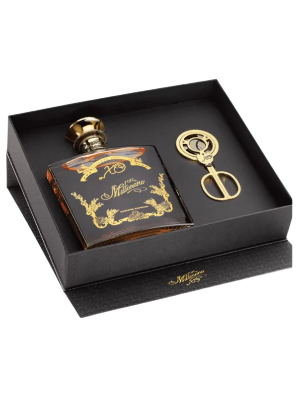 A La Civette Vins et spiritueux Rhum Millonario XO coffret coupe-cigare boîte ouverte, coffret cadeau premium avec rhum de prestige et coupe-cigare.