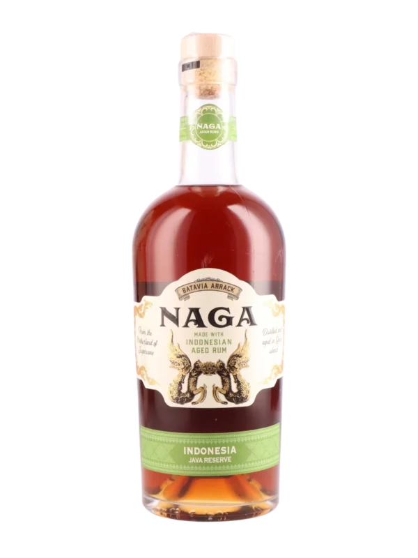 A La Civette Vins et spiritueux Rhum Naga Java Reserve bouteille face, rhum indonésien premium élaboré selon la tradition du Batavia Arrack.