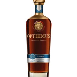 Rhum Opthimus Cum Laude 15 Ans, bouteille de face, vins et spiritueux A La Civette.